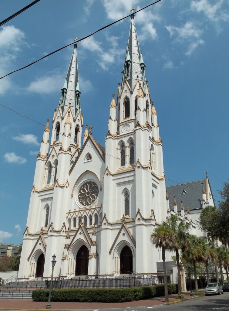 The white twin spires of the Cathedral Basilica of St. John the Baptist on Lafayette Square