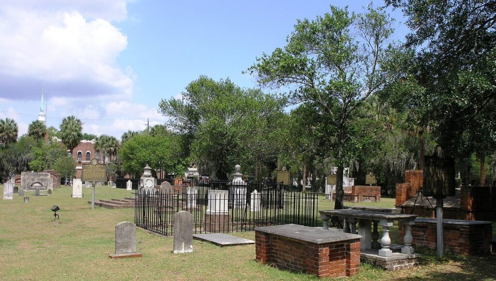 Haunted Savannah and ghost tours: brick tombs and old headstones among live oaks in Colonial Park Cemetery