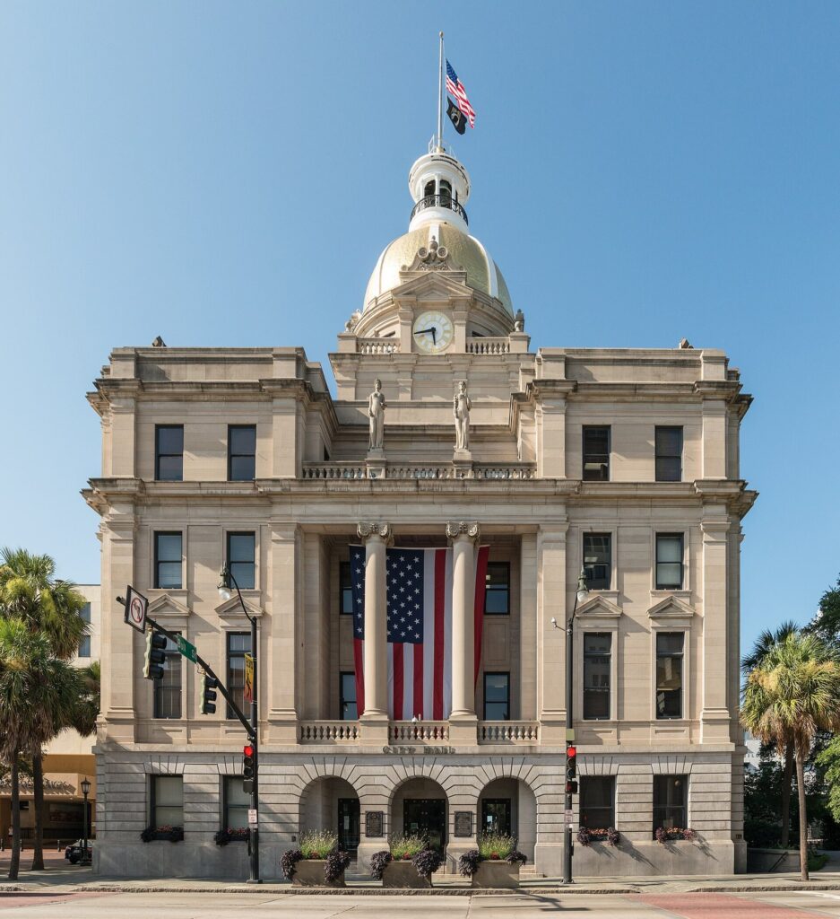 Savannah City Hall on Bay Street, with its gilded dome, clock and columns