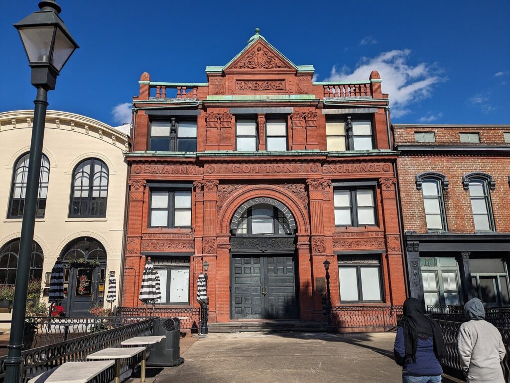 The red brick and terra-cotta Savannah Cotton Exchange building on Bay Street