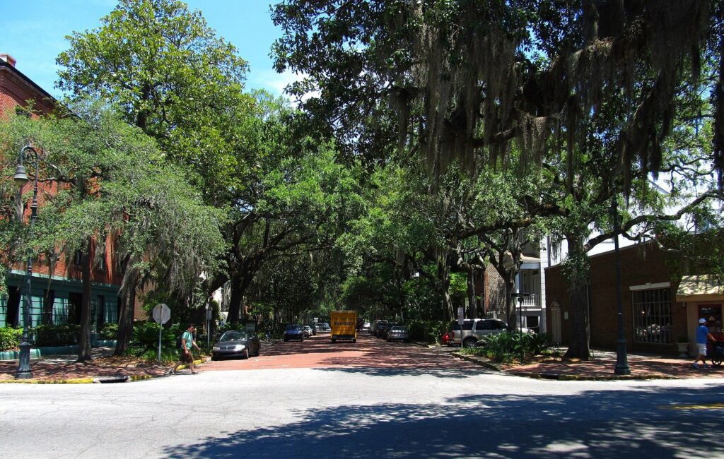Live oaks hung with Spanish moss arching over brick-paved Jones Street at its corner with Bull Street in Savannah