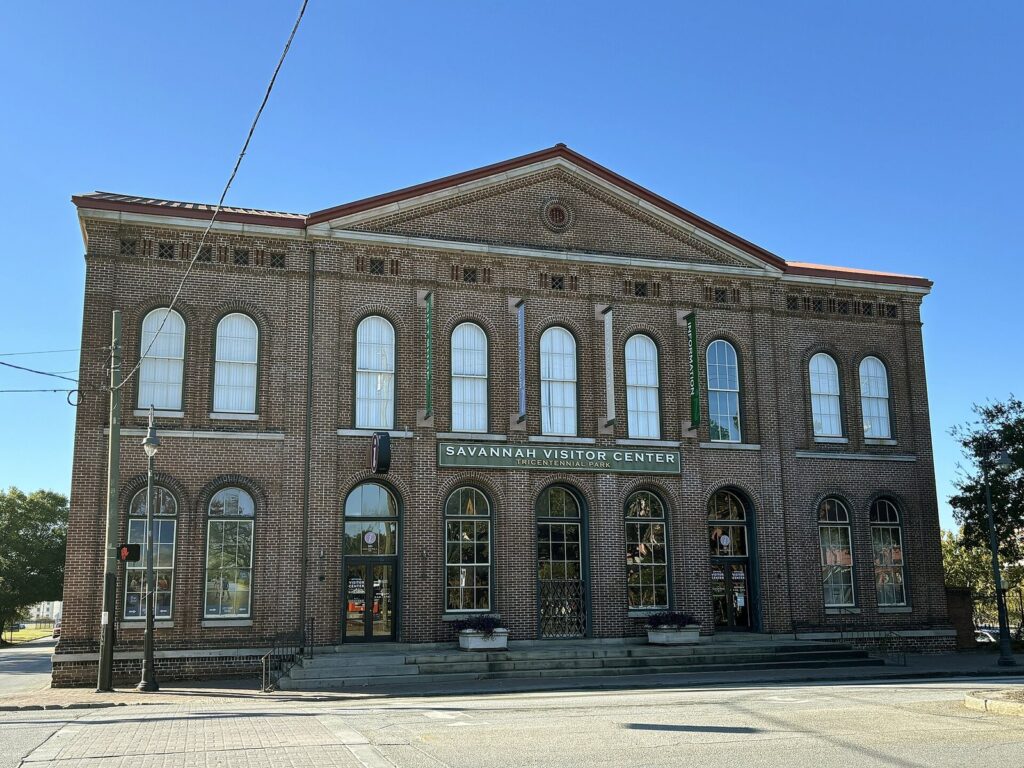 The arched brick facade of the Savannah Visitor Center on Martin Luther King Jr. Boulevard