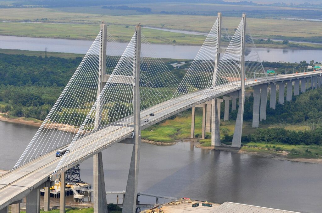 First-time visitor guide to Savannah: the cable-stayed Talmadge Memorial Bridge crossing the Savannah River, seen from above