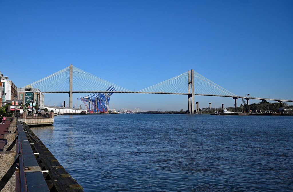 The cable-stayed Talmadge Memorial Bridge over the Savannah River seen from the riverfront